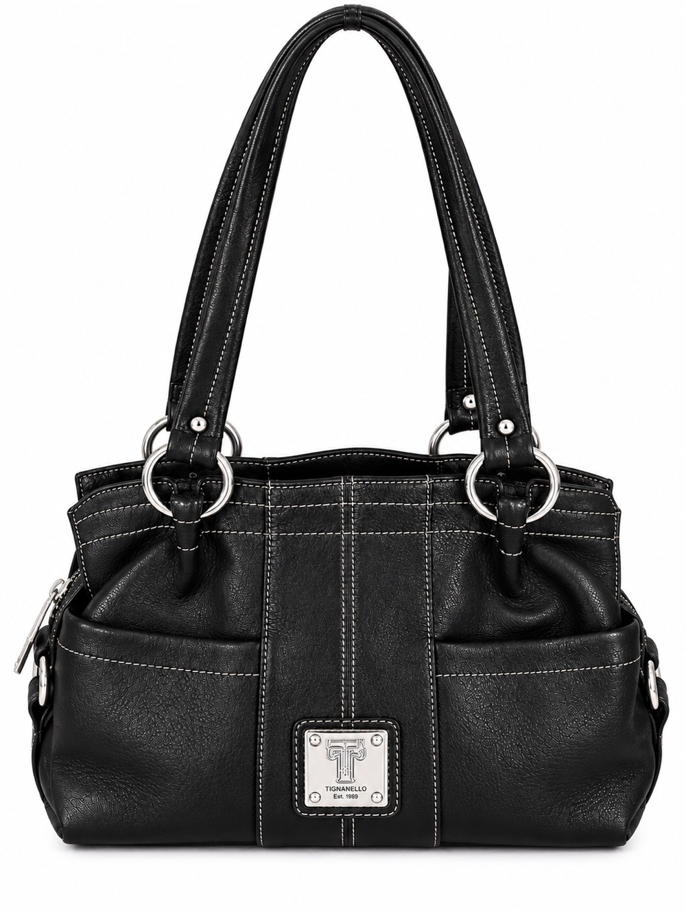 Tignanello Black Leather Shoulder Tote Satchel Multi Pocket Bag everyday tote - Picture 2 of 13